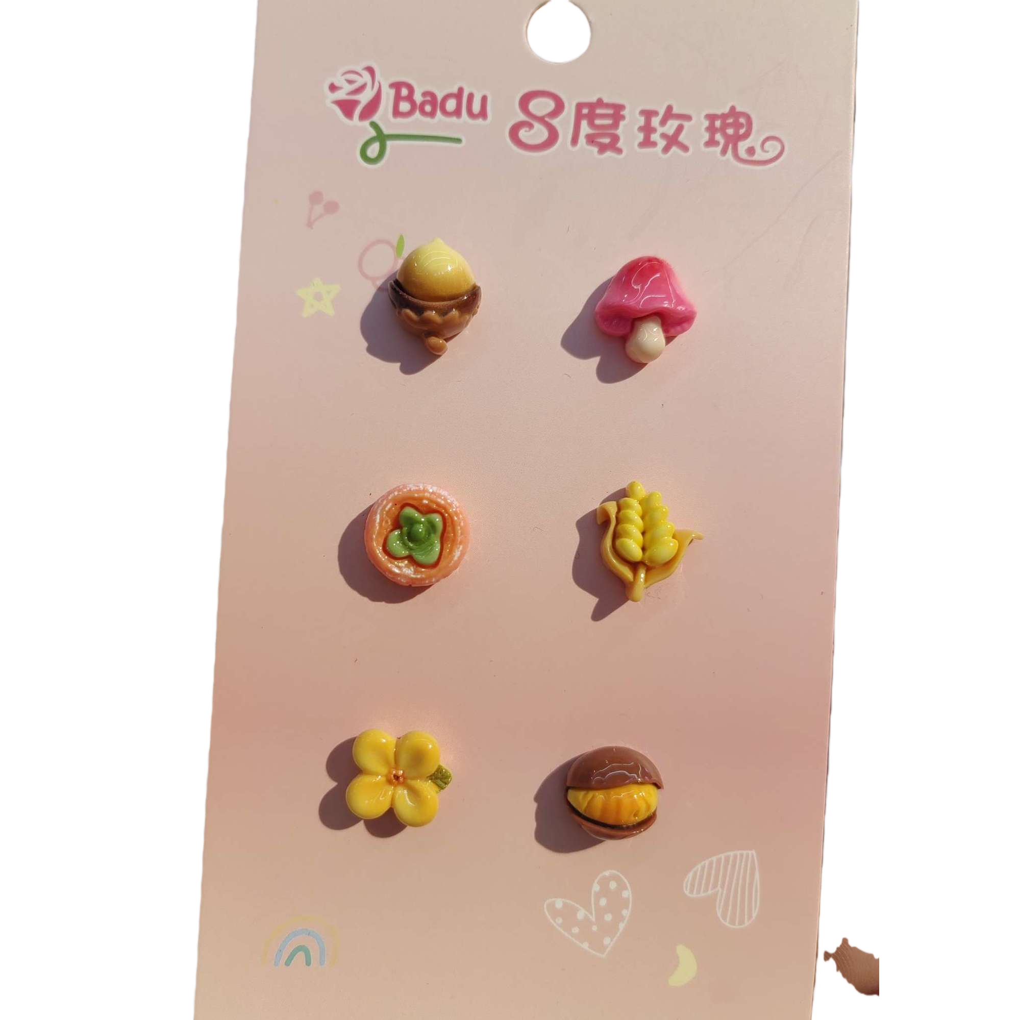 Six pink cards, mini resin food and toy decorative pieces, acorns, mushrooms, small flowers, corn, sushi rolls, chestnuts, creative display items, gift decorations Item Picture