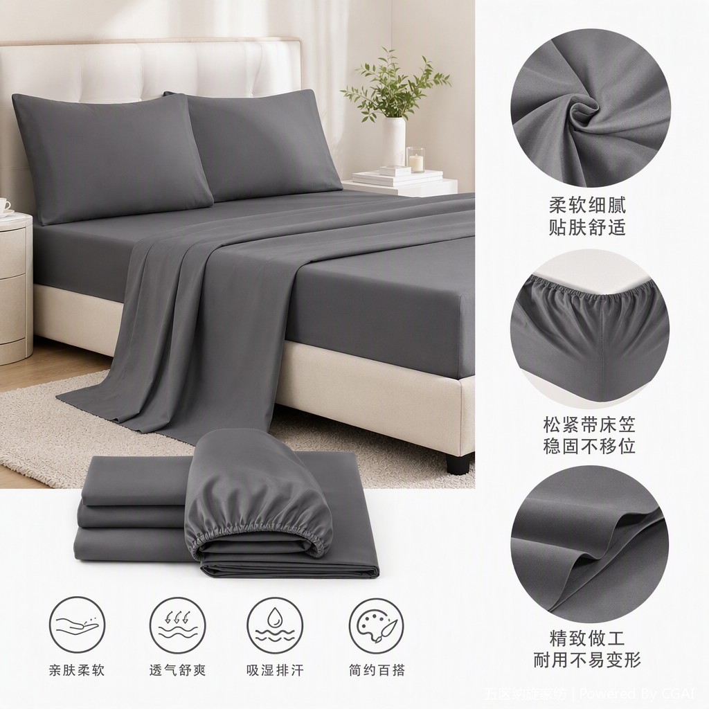 Solid color simple brushed bed sheets, bed cover clips, foreign trade four-piece set, bedding, soft and comfortable all-cotton bed sheets, quilt covers, bed cover sets, home bedroom decoration