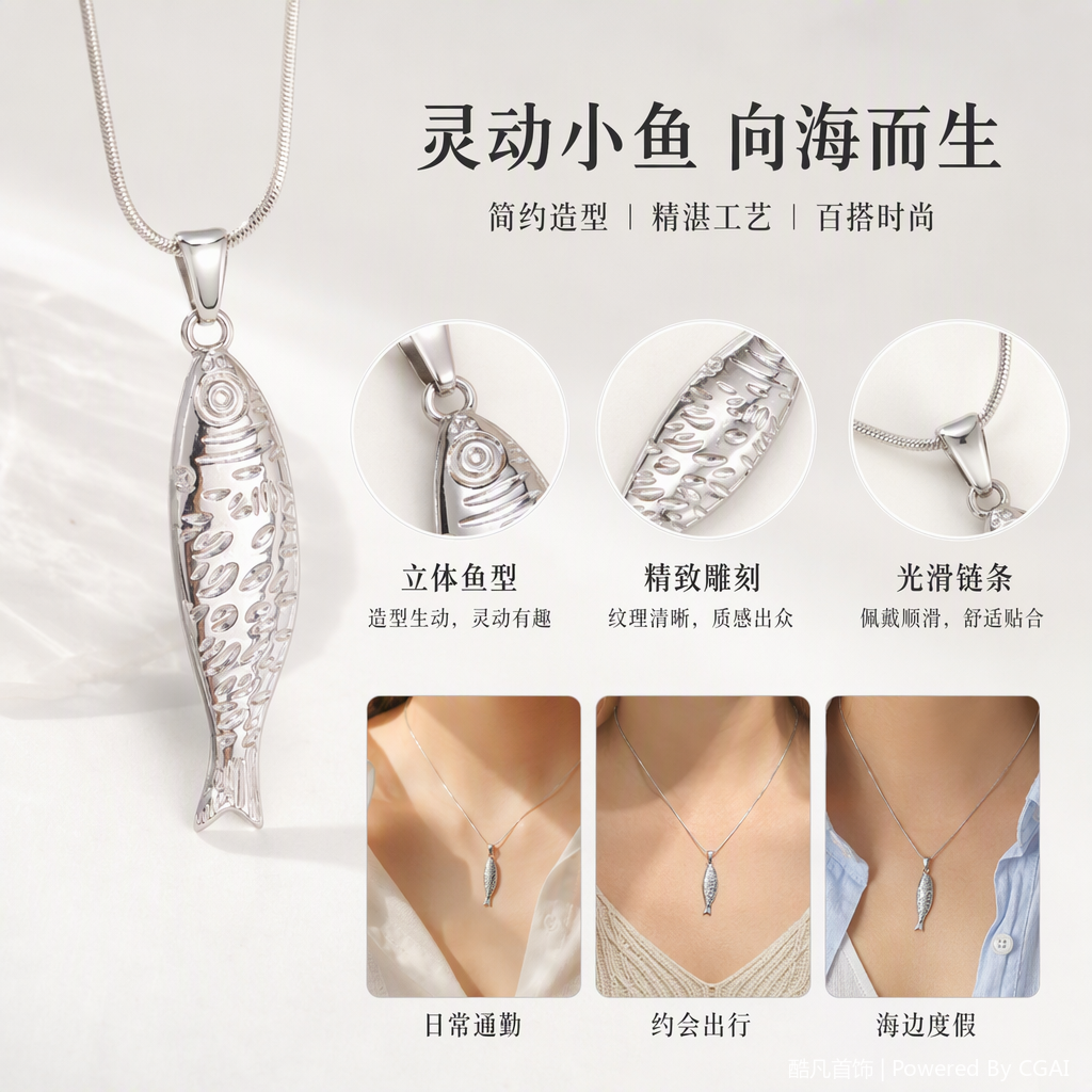 银色鱼形吊坠项链时尚简约百搭女款潮流饰品送礼佳品