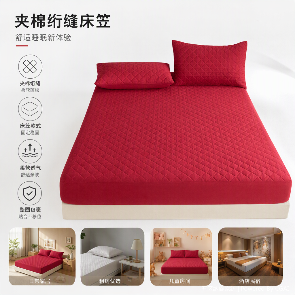 Simple and solid color Amazon hotel ultrasonic cotton baby diaper, brushed Simmons waterproof protective cover, bed cover, bed cushion, bed skirt, three-piece set, all-cotton anti-slip and durable bedding set, bedding combination