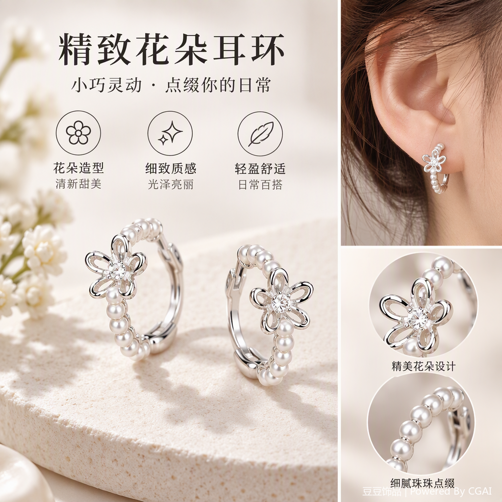 银色花朵珍珠耳环时尚优雅气质耳饰女韩版简约百搭款