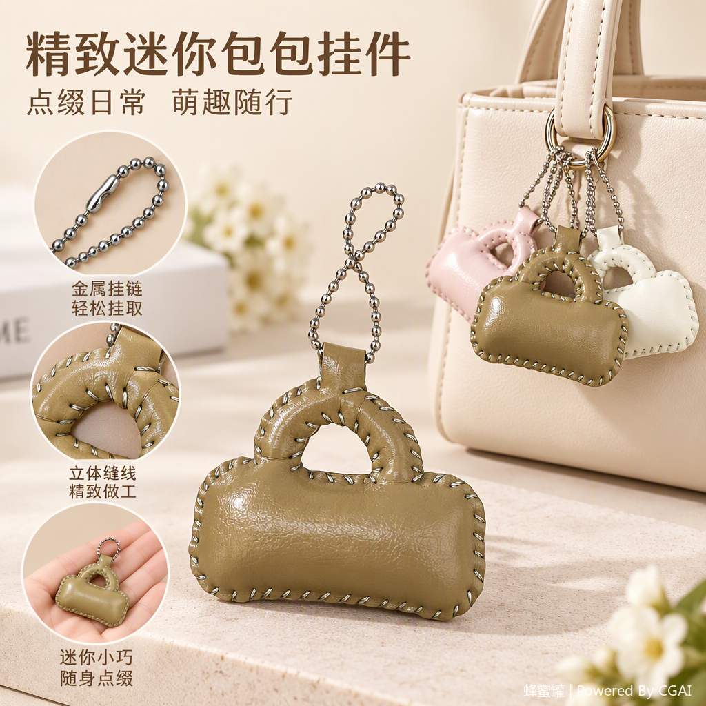 米色皮革手工缝制小包挂饰时尚简约潮流百搭礼品赠品