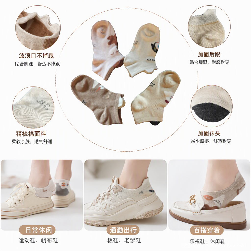Six pairs of cute, comfortable and breathable baby socks with cartoon patterns, summer student socks