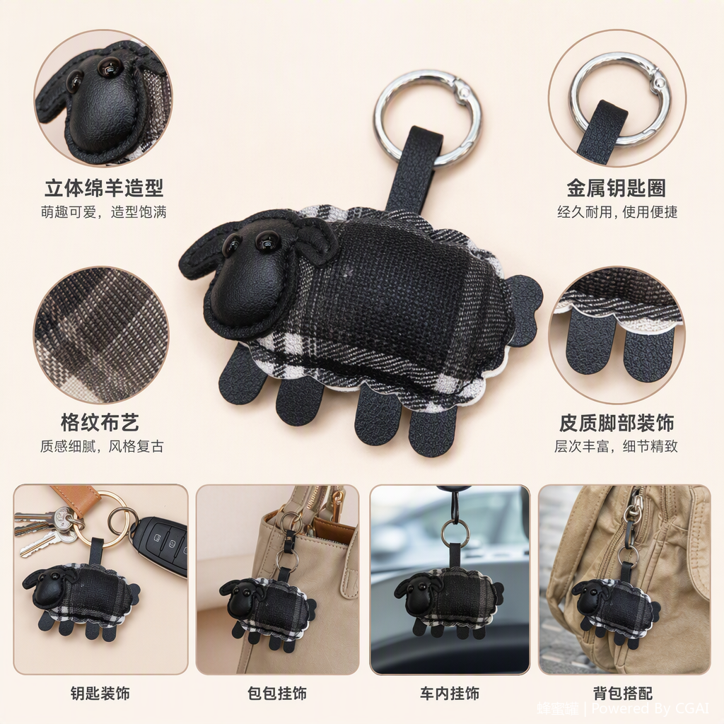 黑白格纹布艺搭配黑色皮革装饰绵羊造型钥匙扣时尚创意挂件礼品赠品