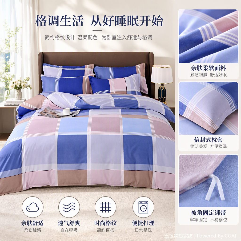 Soft pure cotton four-piece bedding set, factory wholesale, cross-border export, breathable, skin-friendly, frosted bed sheet style, bed hat style, printed, suitable for family bedrooms, warm, comfortable, casual home products