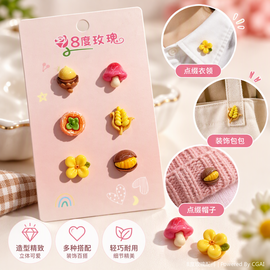 Six pink cards, mini resin food and toy decorative pieces, acorns, mushrooms, small flowers, corn, sushi rolls, chestnuts, creative display items, gift decorations