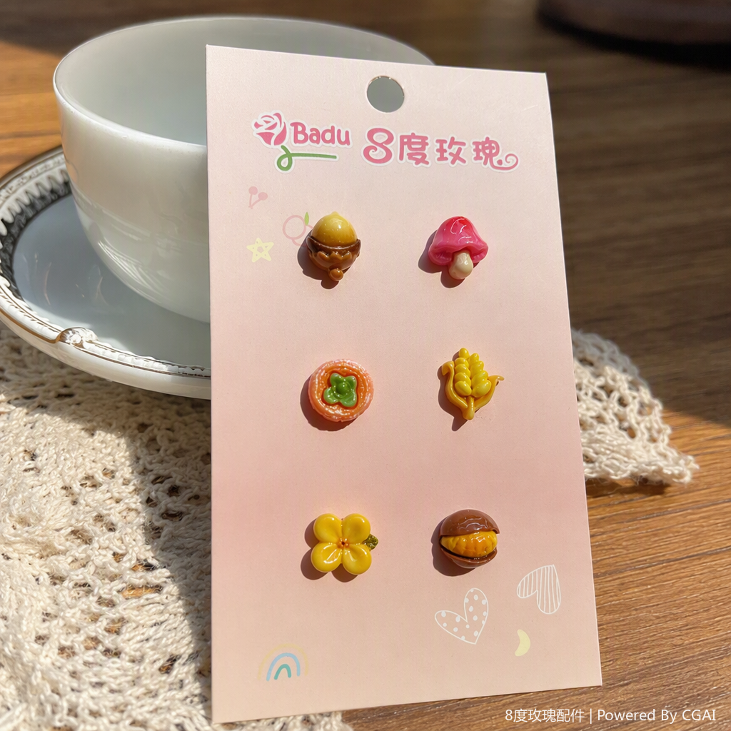 Six pink cards, mini resin food and toy decorative pieces, acorns, mushrooms, small flowers, corn, sushi rolls, chestnuts, creative display items, gift decorations details Picture