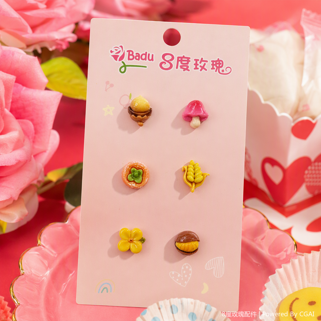 Six pink cards, mini resin food and toy decorative pieces, acorns, mushrooms, small flowers, corn, sushi rolls, chestnuts, creative display items, gift decorations Specification image
