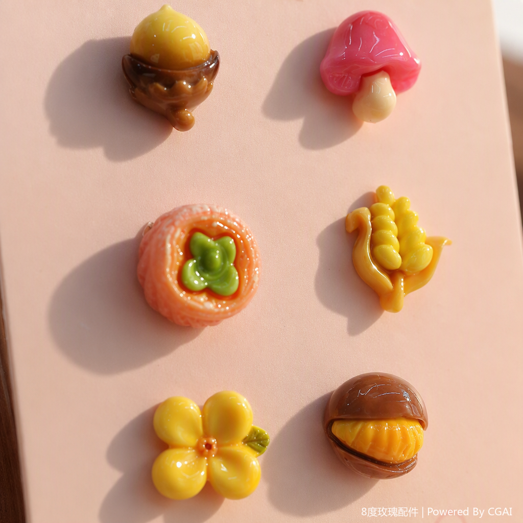 Six pink cards, mini resin food and toy decorative pieces, acorns, mushrooms, small flowers, corn, sushi rolls, chestnuts, creative display items, gift decorations Application Scenario