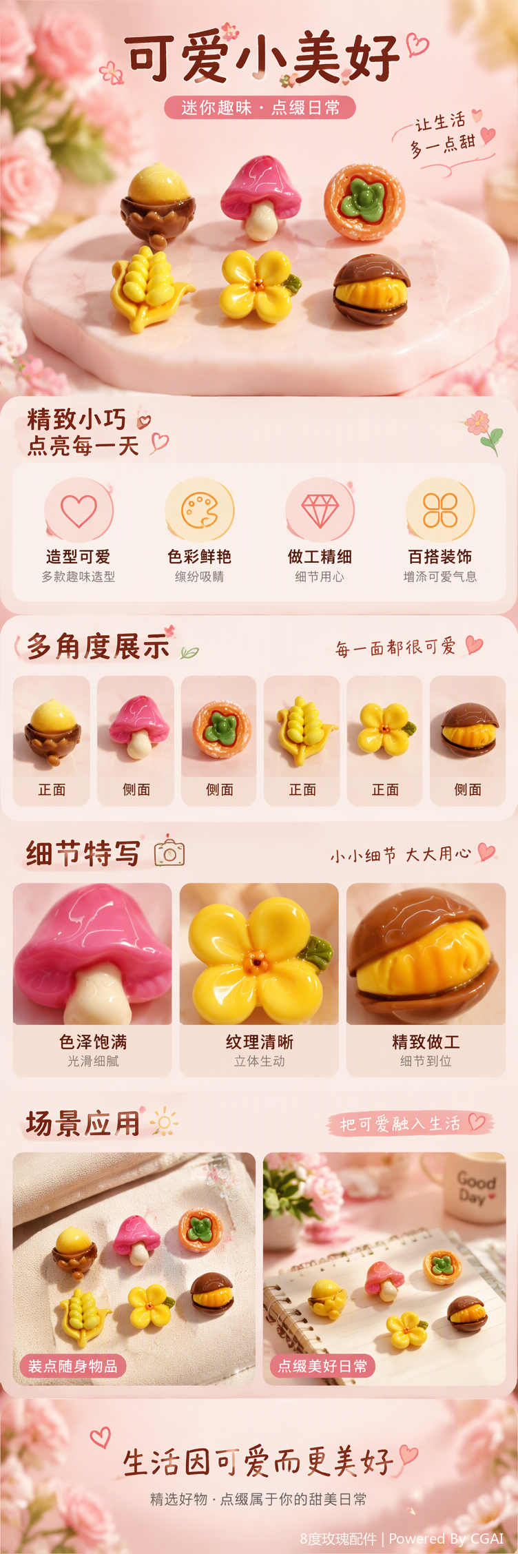 Six pink cards, mini resin food and toy decorative pieces, acorns, mushrooms, small flowers, corn, sushi rolls, chestnuts, creative display items, gift decorations pic 1