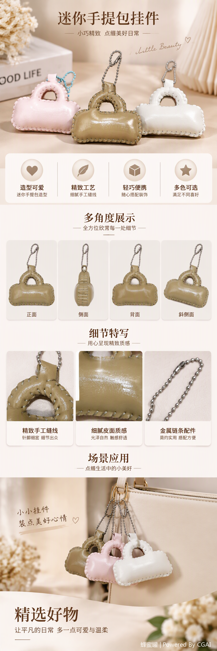 米色皮革手工缝制小包挂饰时尚简约潮流百搭礼品赠品详情1