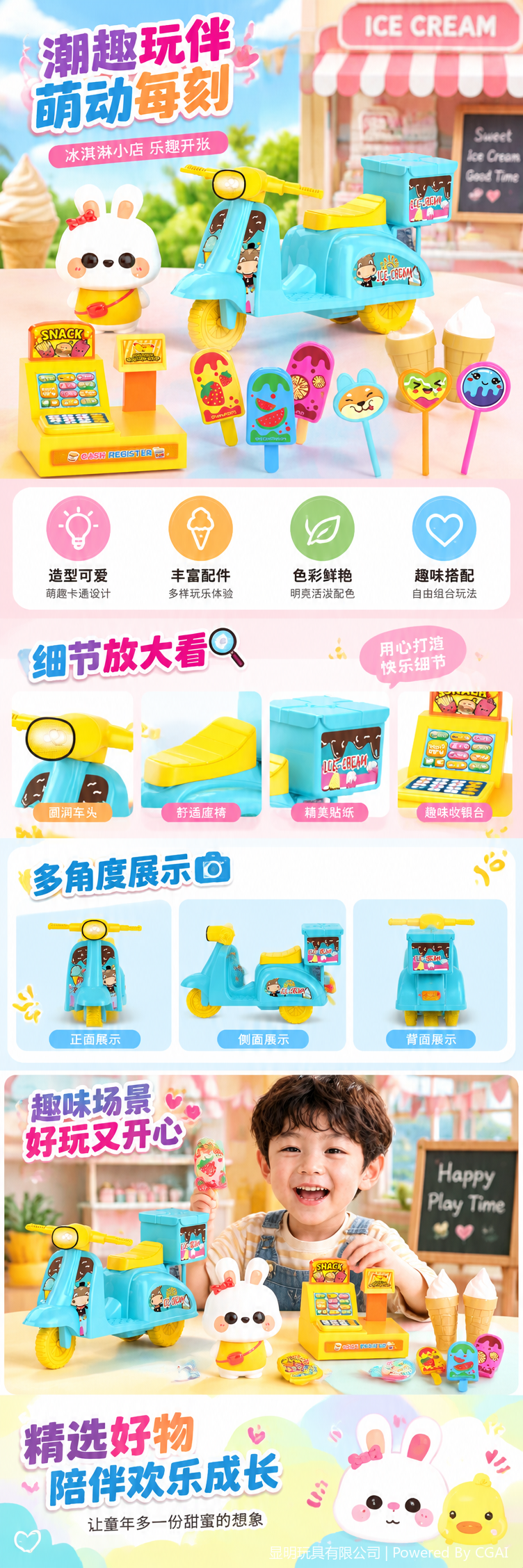 Trendy fun playmate germinación por talla niños helado tema pasar el hogar set azul entrega de comida moto conejo muñeca caja registraba helado accesorios juguetes divertidos pic 1