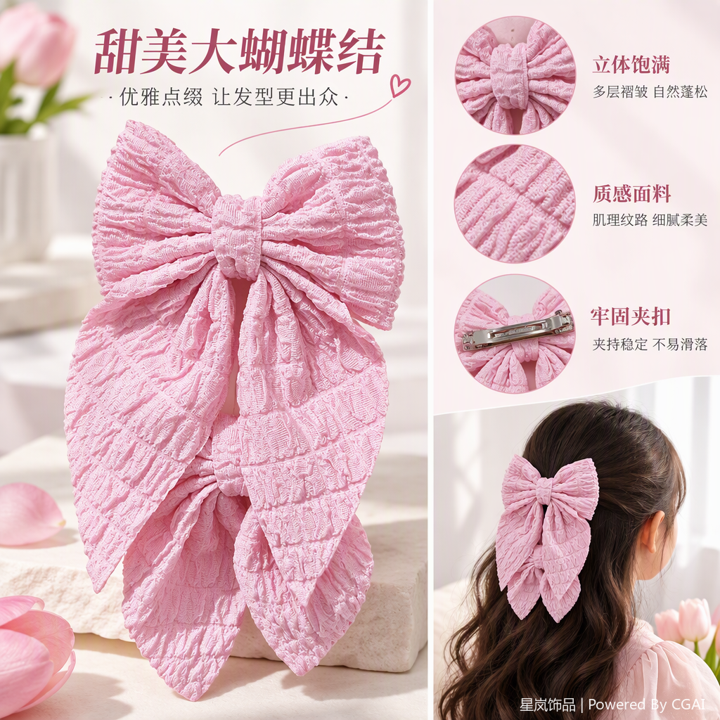 粉色褶皱布料蝴蝶结装饰甜美可爱服饰配件时尚百搭款