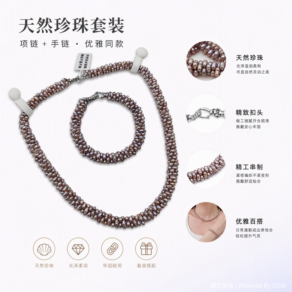 粉紫色三股串珠珍珠项链手链套装时尚优雅女生日常配饰礼品
