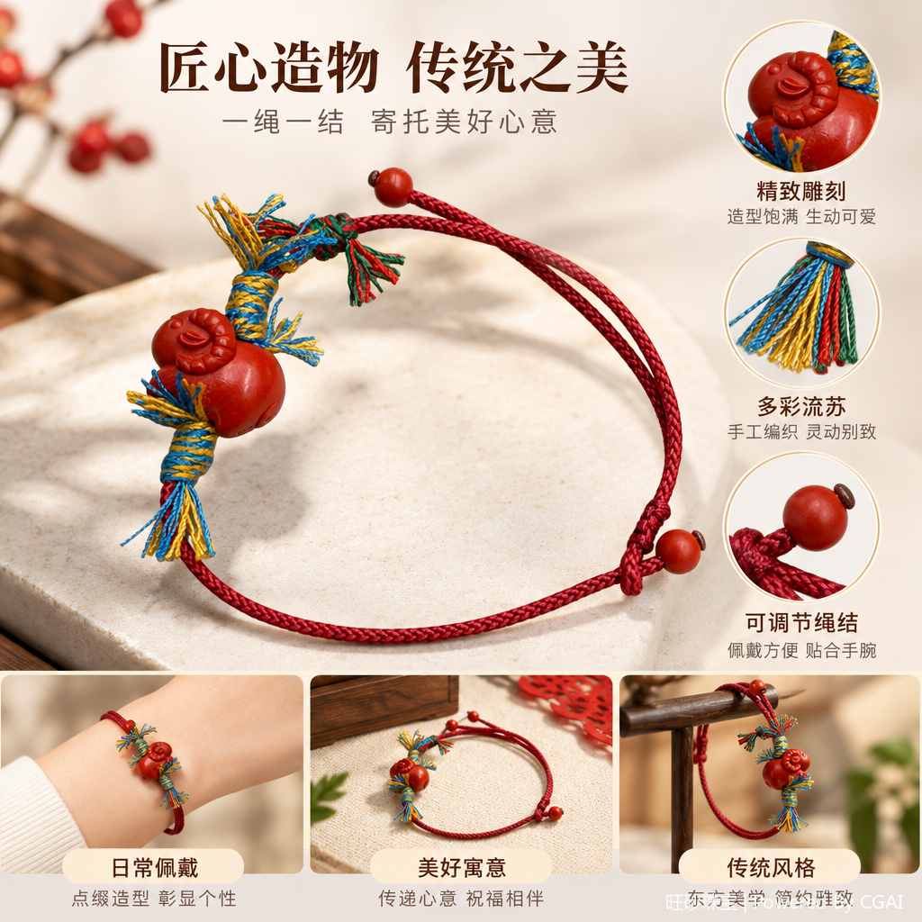 红色编织绳手链搭配朱砂雕刻小羊挂饰时尚潮流手工饰品情侣礼物送礼佳品手链朱砂藏式DIY手绳