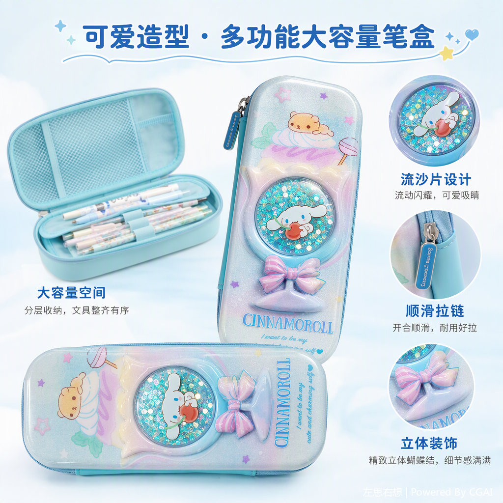 闪粉蓝紫渐变Cinnamoroll主题文具盒创意收纳便携学生用品卡通可爱款