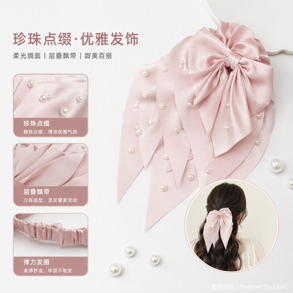 优雅珍珠装饰丝带发饰简约百搭发夹发箍发饰品女生头饰潮流配件