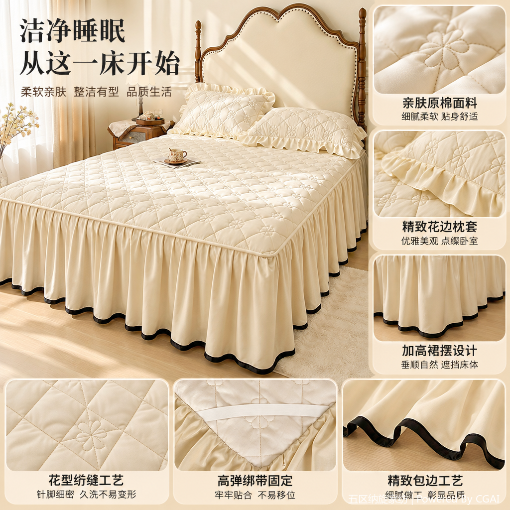 Soft and comfortable home pajama set, thickened embroidered mattress, dust-proof protective cover, lace bedspread for autumn and winter
