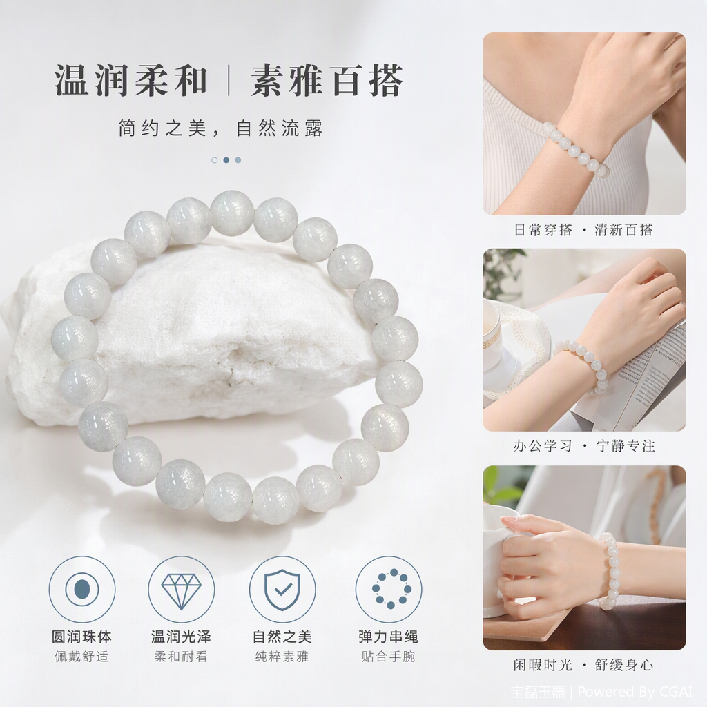 天然白色玉石手链男女款时尚简约手串手饰送礼品收藏精品