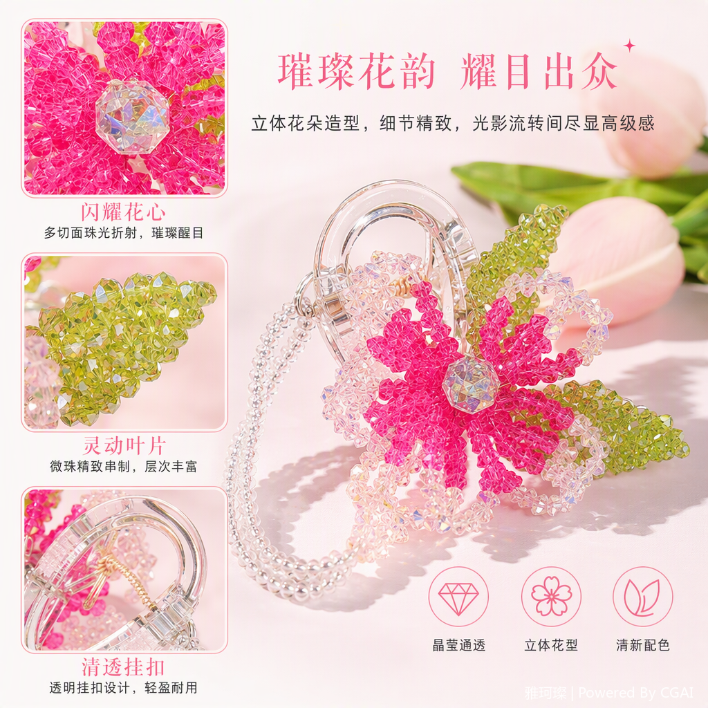 水晶串珠花朵造型挂饰时尚简约手工饰品礼品配饰女款百搭潮流