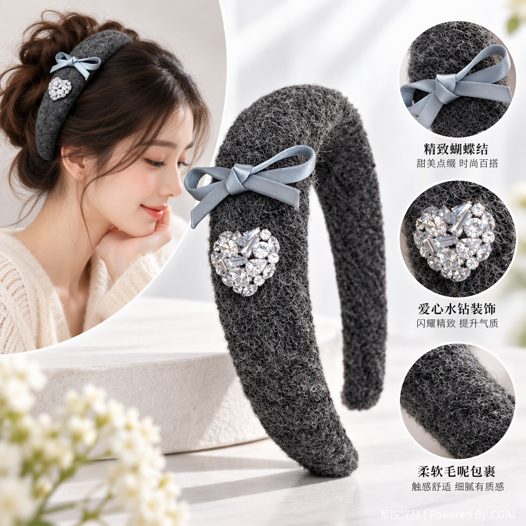 灰色毛绒发箍心形水钻点缀浅蓝丝带蝴蝶结可爱发饰儿童发饰头饰品