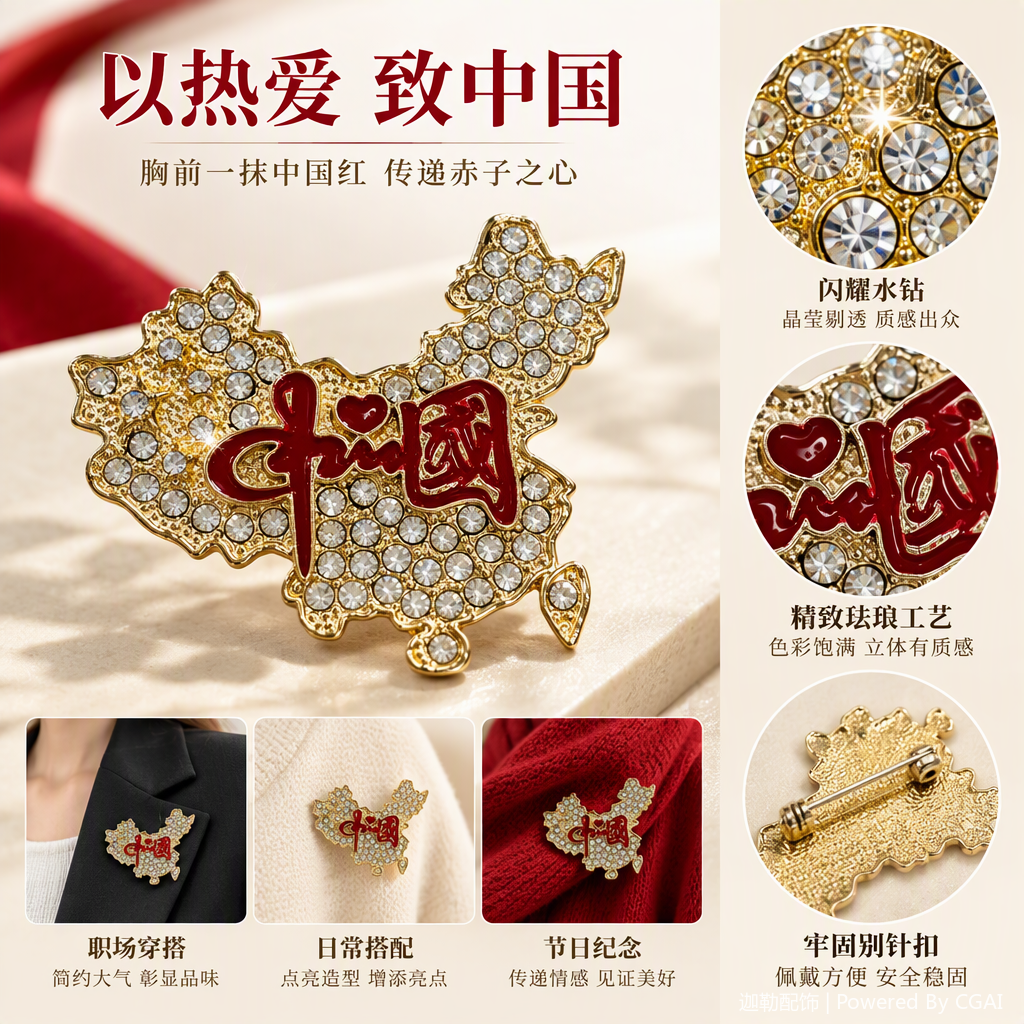 镶钻金色中国地图胸针红色书法字样时尚别致配饰品收藏佳品