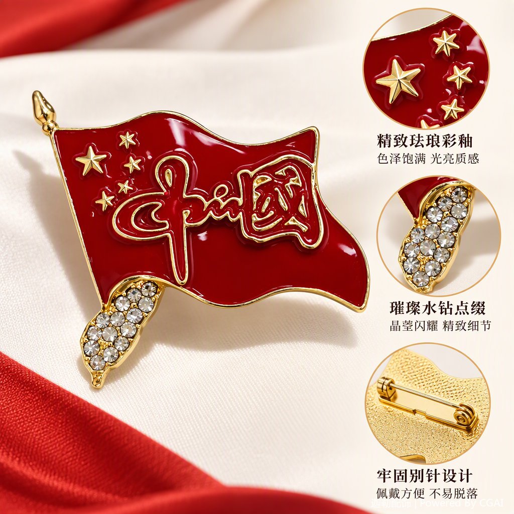 红色旗帜造型徽章中国字样五角星装饰金属胸针时尚个性别针礼品收藏
