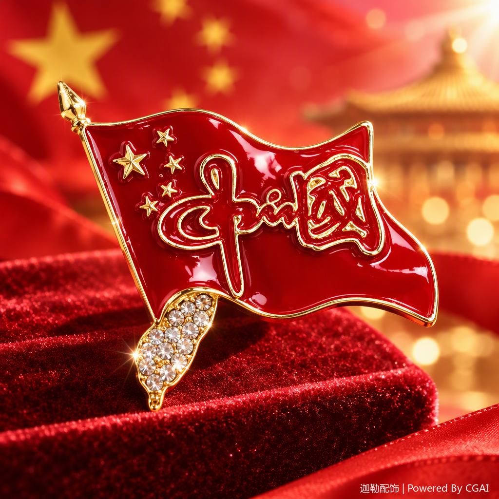 红色旗帜造型徽章+中国字样与五角星装饰的金属胸针细节图