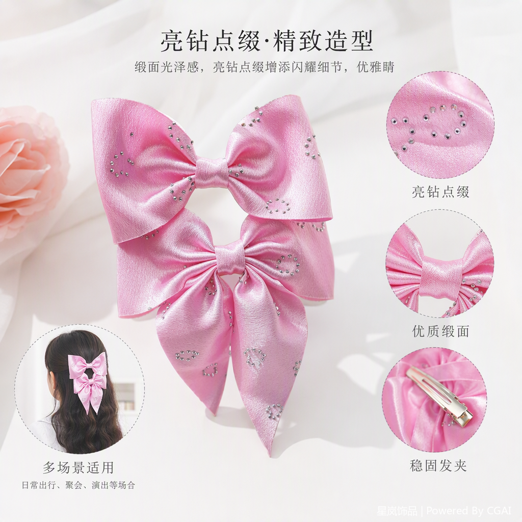 闪亮粉色镶钻蝴蝶结发饰优雅甜美发夹发饰品发卡发饰配饰女款
