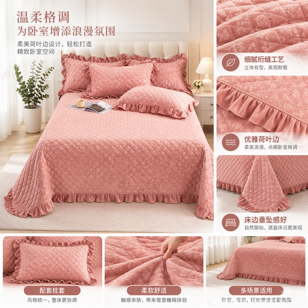 New lace embossed baby velvet jacquard cotton-padded single bed cover, single bed cover, single bed skirt, bed cover wholesale, comfortable quilted three-piece set, bedding set available in multiple colors, suitable for spring and autumn, soft and warm