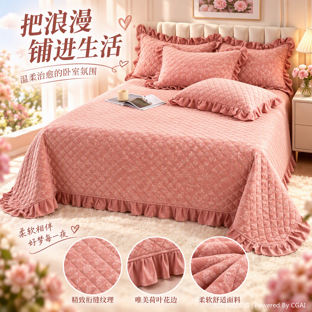 New lace embossed baby velvet jacquard cotton-padded single bed cover, single bed cover, single bed skirt, bed cover wholesale, comfortable quilted three-piece set, bedding set available in multiple colors, suitable for spring and autumn, soft and warm Specification image