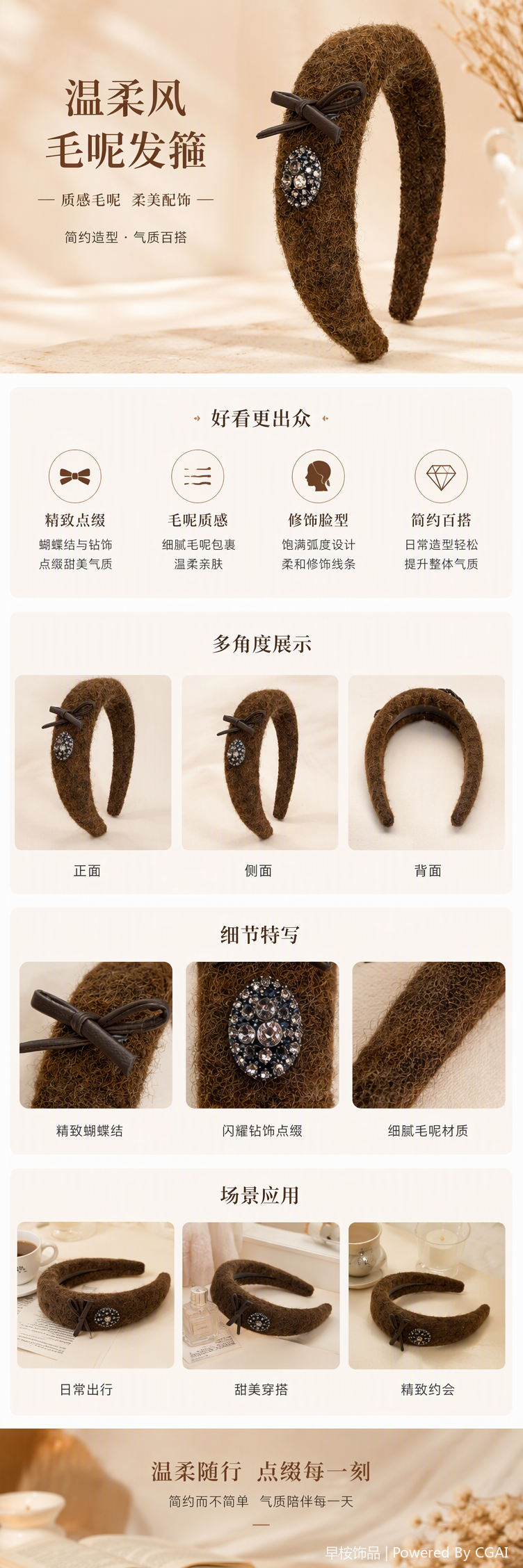 柔软舒适棕色毛绒发箍可爱百搭发饰头饰发夹发带发圈女款潮流新品详情1