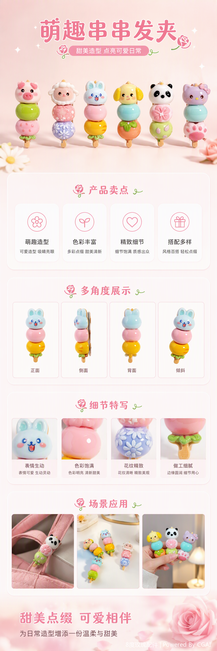 Badu八度玫瑰系列可爱动物造型三段式发夹发饰套装甜美百搭学生发饰礼盒详情1
