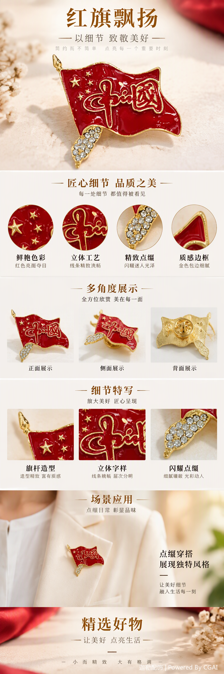 红色旗帜造型徽章中国字样五角星装饰金属胸针时尚个性别针礼品收藏详情1