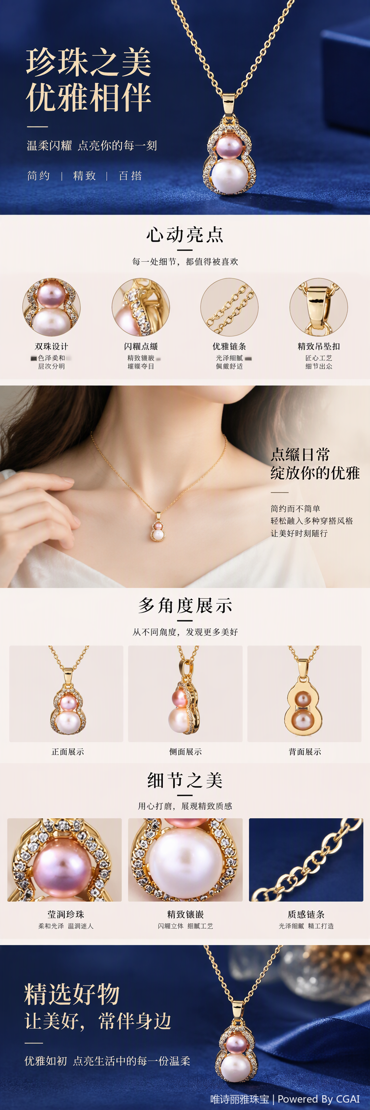 唯诗丽雅天然淡水珍珠葫芦项链女气质时尚镶钻吊坠日韩小众设计锁骨链珍珠项链详情1
