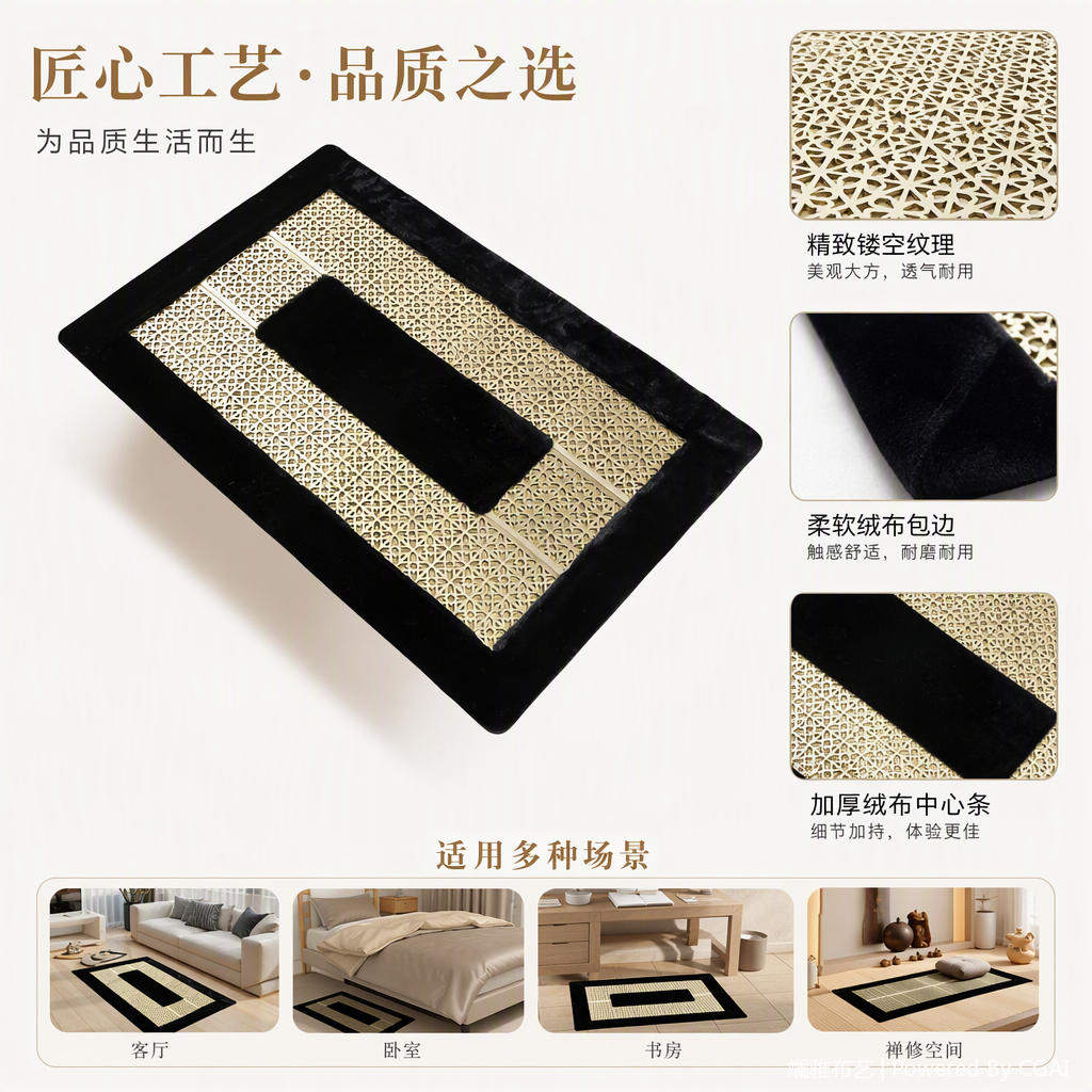 Beige geometric pattern velvet edge carpet is a fashionable home floor mat for the living room and bedroom. It is a soft and comfortable carpet decoration
