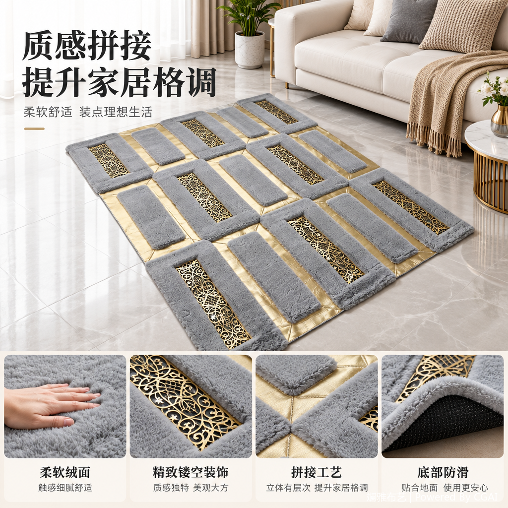Luxurious gold-inlaid hollowed-out pattern grey plush carpet, living room and bedroom floor mat carpet, home carpet
