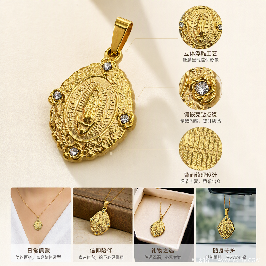 金色圣母瓜达卢佩吊坠项链女款时尚个性宗教饰品礼物品味精致