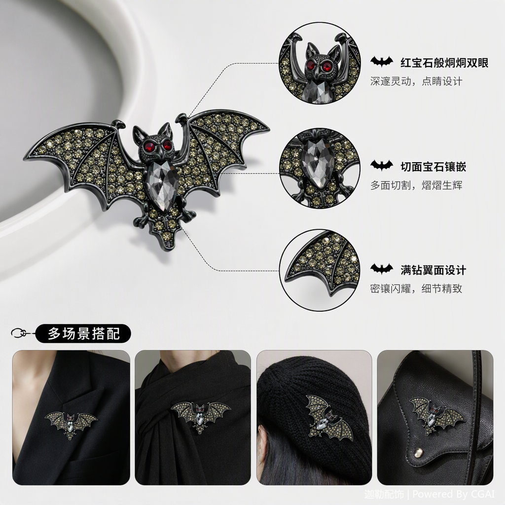 闪耀镶钻蝙蝠造型胸针时尚别致女士配饰潮流百搭礼品赠品