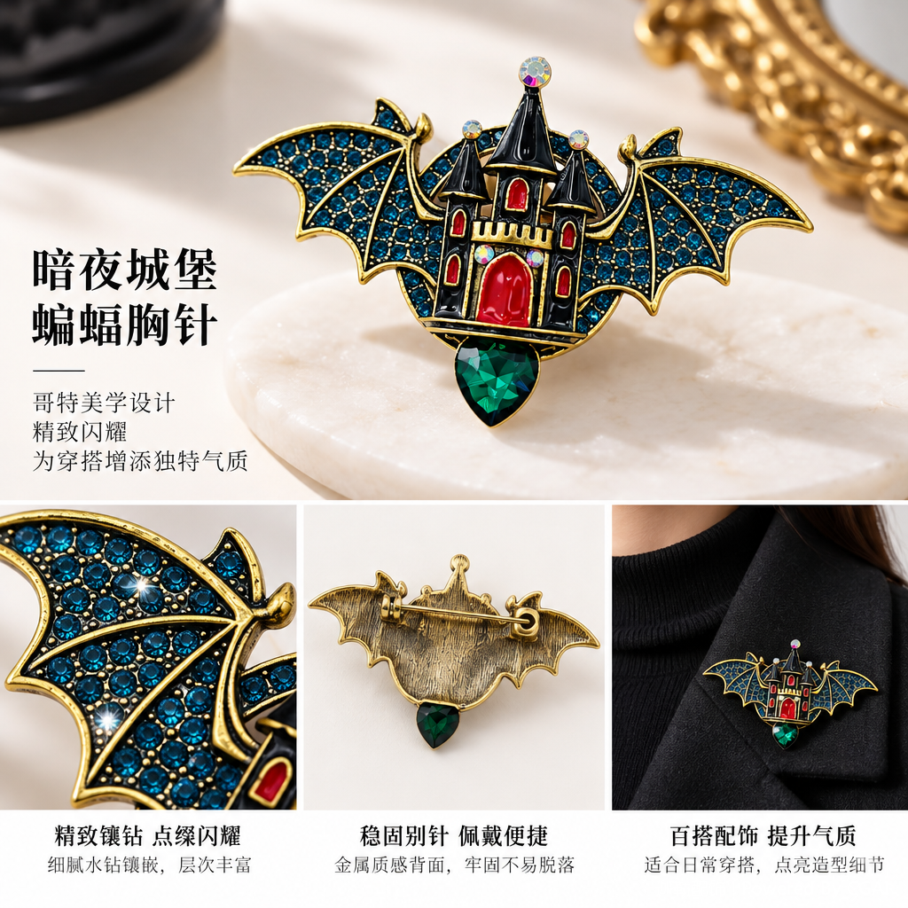 闪耀镶钻蝙蝠翅膀造型城堡胸针时尚别致饰品礼品收藏