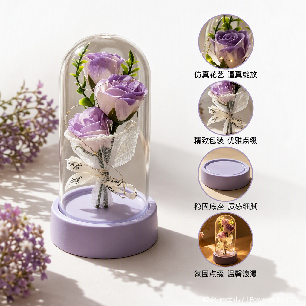 紫色永生玫瑰花束配玻璃罩装饰摆件浪漫永恒创意礼品家居摆设