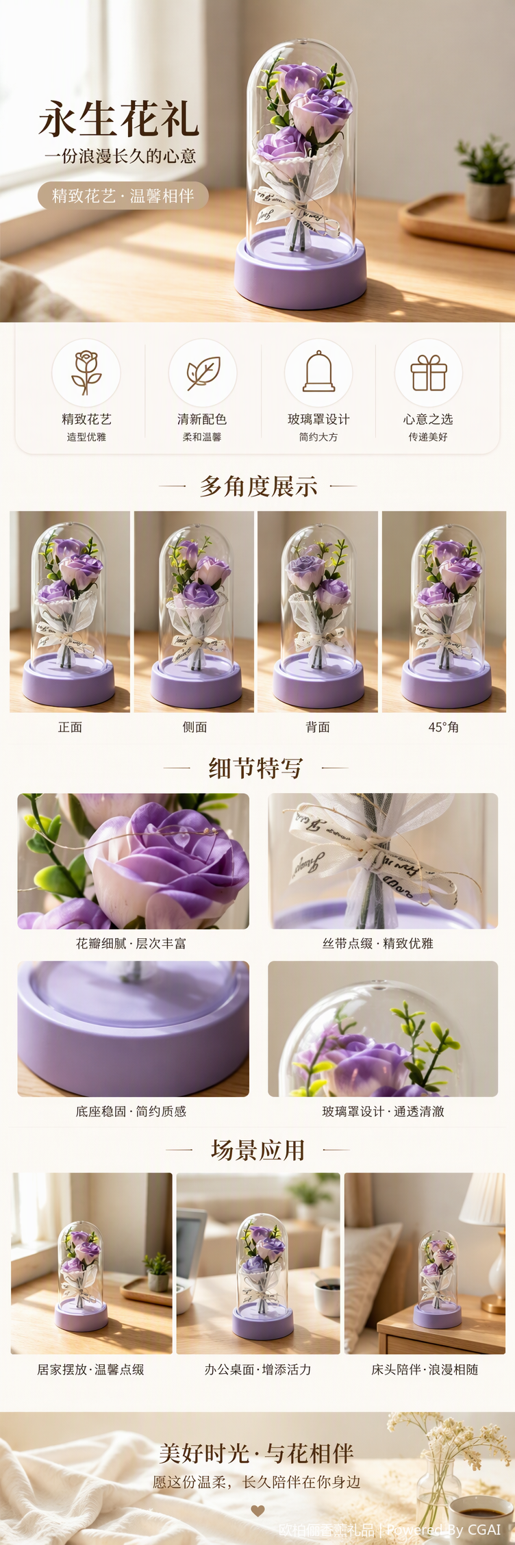 紫色永生玫瑰花束配玻璃罩装饰摆件浪漫永恒创意礼品家居摆设详情1
