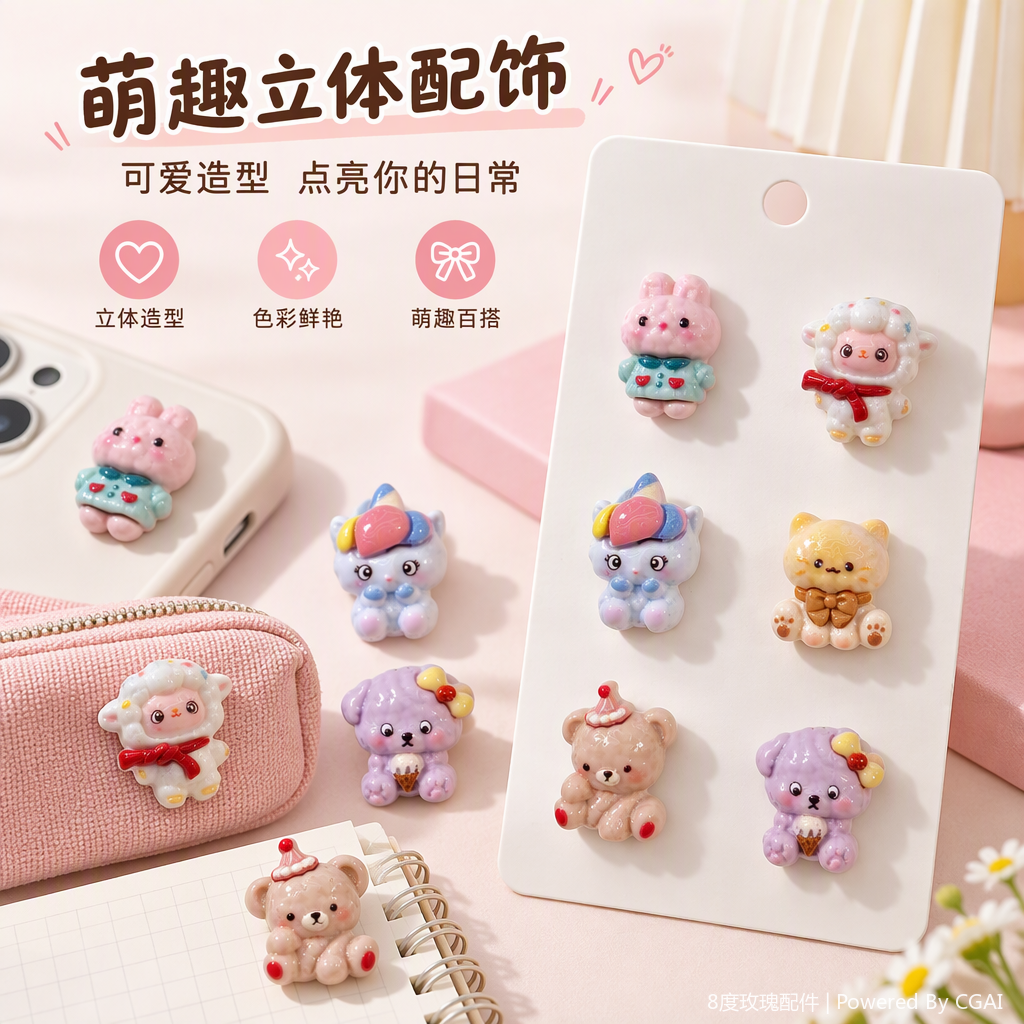 可爱动物造型胸针套装白色展示卡手工树脂饰品礼品收藏品