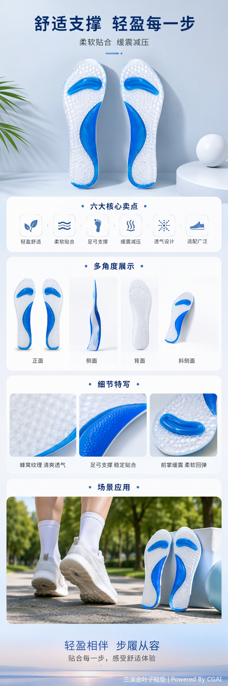 Breathable and comfortable blue and white sports insoles, anti-odor and shock-absorbing breathable insoles, insole care products pic 1
