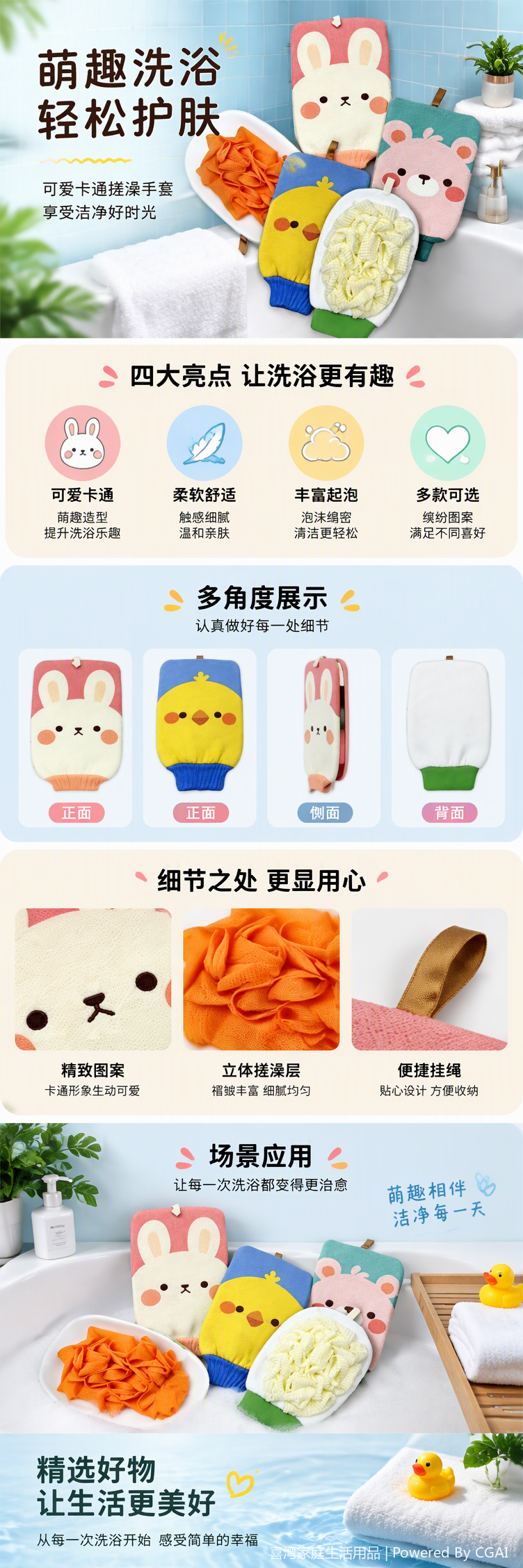 Cute cartoon double-sided bath scrubbing gloves, a home painless mud scrubbing and back scrubbing wonder pic 1
