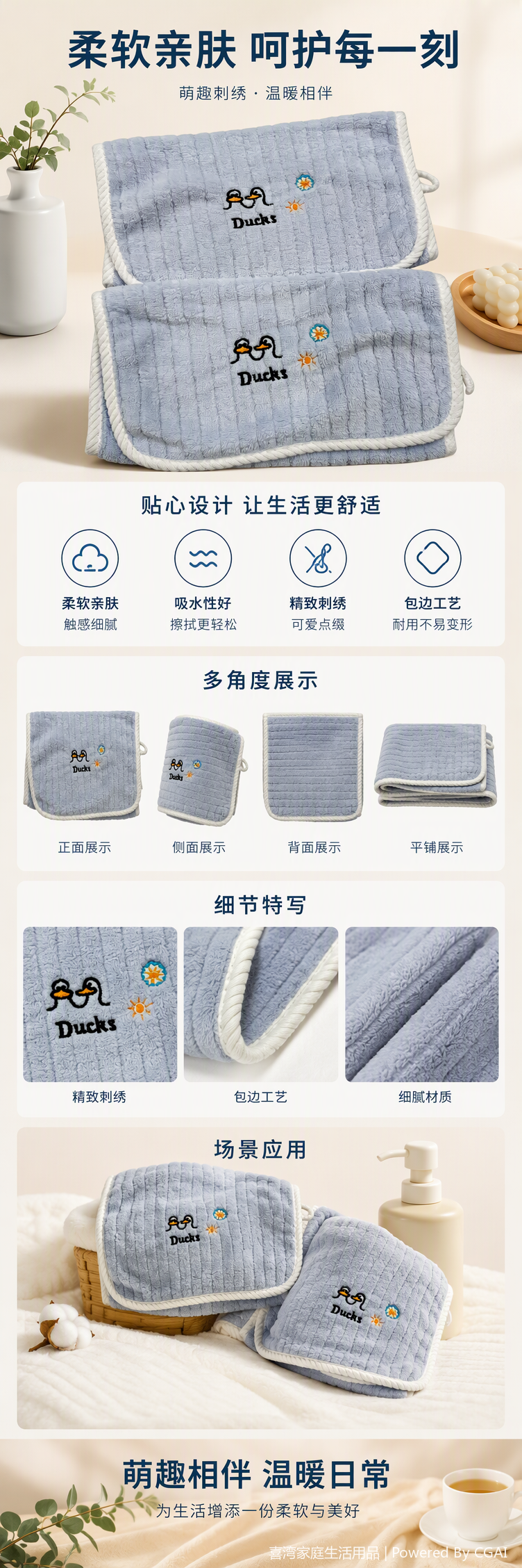 The cute duck-embroidered coral fleece small towel is soft, absorbent and can be hung for hand cleaning pic 1
