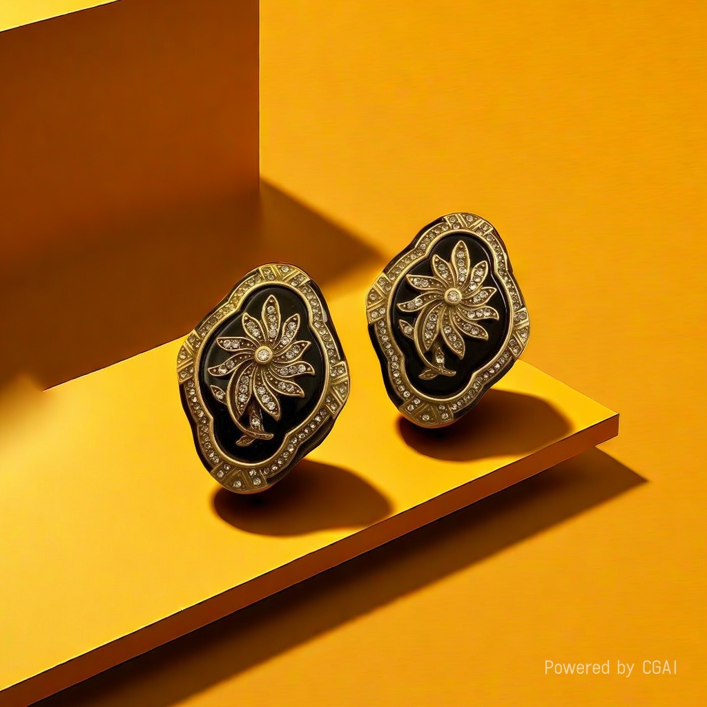 【SUGEBEINI】 Retro-style flower-inlaid stud earrings, a magnificent collision of black gold and flowers ZEH00055 Specification image