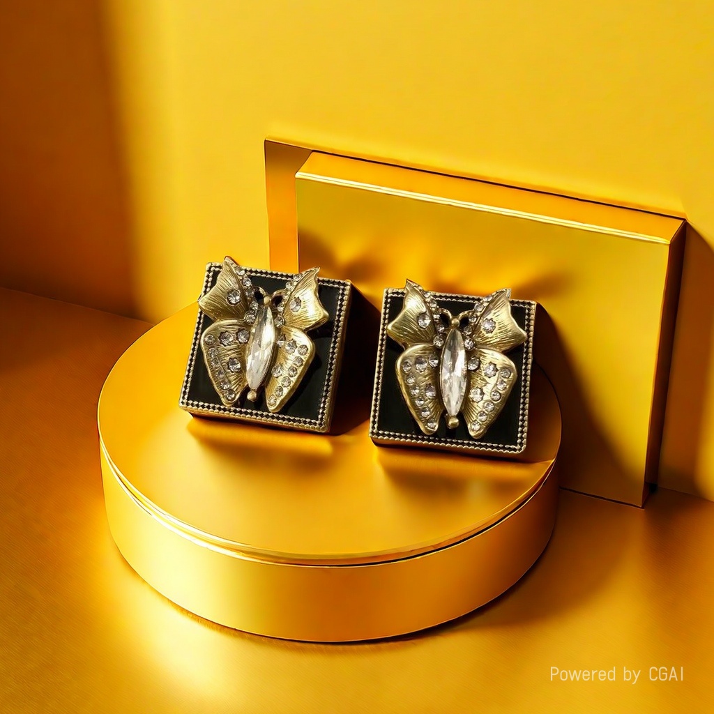 【SUGEBEINI】 Golden butterfly-inlaid stud earrings with a niche design and retro style ZEH00068 pic 2