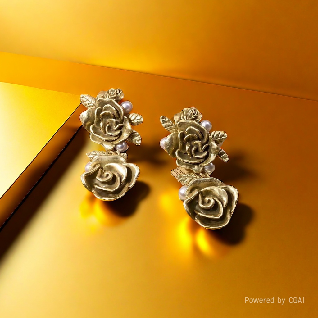 【SUGEBEINI】 Retro court-style golden rose bead stud earrings with a niche design sense. Rose stud earrings ZEH00080 pic 4
