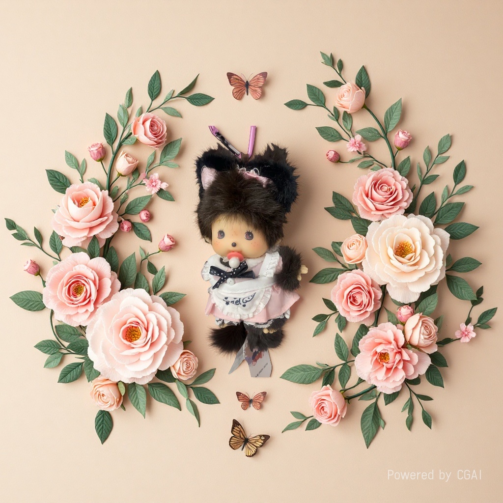 水豚噜噜毛绒公仔创意潮流玩偶娃娃粉色玫瑰绿叶蝴蝶点缀可爱玩偶